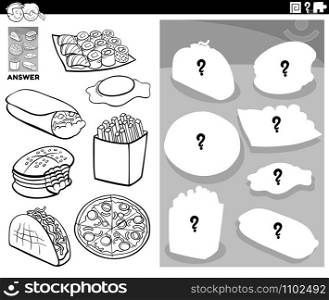 Black and White Cartoon Illustration of Match Objects and the Right Shape or Silhouette with Food Objescts Educational Game for Children Coloring Book Page