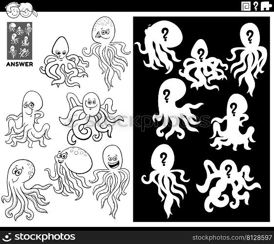 Black and white cartoon illustration of match pictures and the right shape or silhouette with octopus animal characters educational game for children coloring book page
