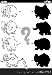 Black and White Cartoon Illustration of Match the Right Shadows with Pictures Educational Game for Children with Funny Elephants Animal Characters Coloring Book