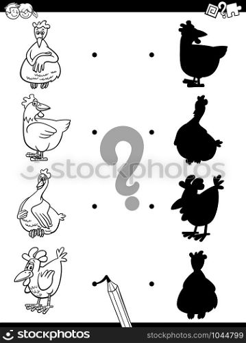 Black and White Cartoon Illustration of Match the Right Shadows with Pictures Educational Game for Children with Funny Chicken Farm Animal Characters Coloring Book