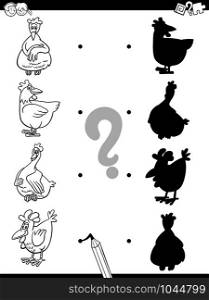 Black and White Cartoon Illustration of Match the Right Shadows with Pictures Educational Game for Children with Funny Chicken Farm Animal Characters Coloring Book