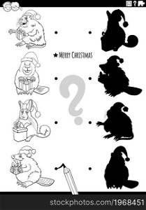 Black and white cartoon illustration of match the right shadows with pictures educational game with animal characters on Christmas time coloring book page