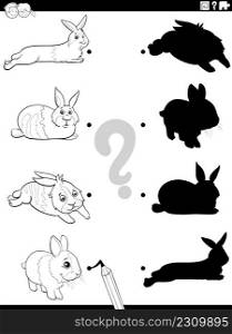 Black and white cartoon illustration of match the right shadows with pictures educational game with rabbits animal characters coloring book page
