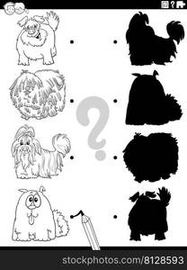 Black and white cartoon illustration of match the right shadows with pictures educational game with shaggy dogs animal characters coloring page