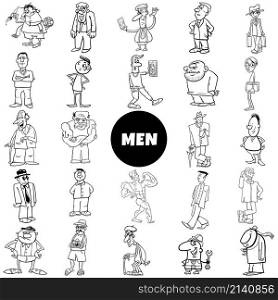 Black and white cartoon illustration of men characters comic set coloring page