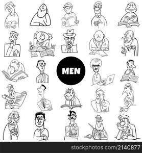 Black and white cartoon illustration of men comic characters big set coloring page