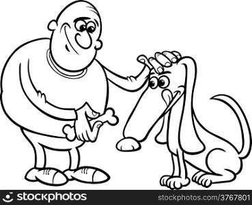 Black and White Cartoon Illustration of Men Giving Snack to his Dog for Coloring Book