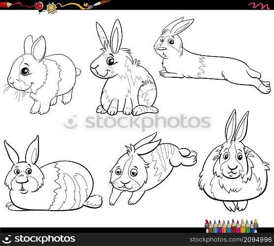 Black and white cartoon illustration of miniature rabbits animal characters set coloring book page