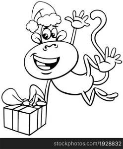 Black and white cartoon illustration of monkey animal character with present on Christmas time coloring book page