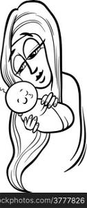 Black and White Cartoon Illustration of Mother with her Cute Baby for Coloring Book