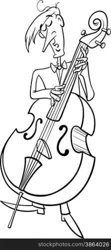 Black and White Cartoon Illustration of Musician Playing the Contrabass Instrument for Coloring Book