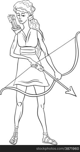 Black and White Cartoon Illustration of Mythological Greek Goddess Artemis for Coloring Book