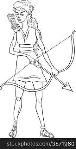 Black and White Cartoon Illustration of Mythological Greek Goddess Artemis for Coloring Book