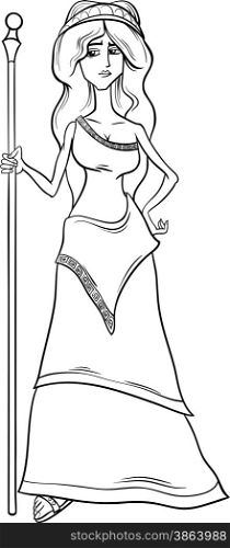 Black and White Cartoon Illustration of Mythological Greek Goddess Hera for Coloring Book