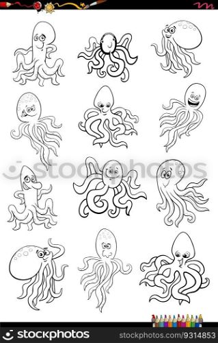 Black and white cartoon illustration of octopus marine animal characters set coloring page