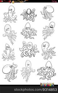 Black and white cartoon illustration of octopus marine animal characters set coloring page