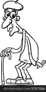 Black and White Cartoon Illustration of Old Men or Senior with Cane for Coloring Book