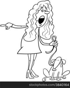 Black and White Cartoon Illustration of Outraged Woman with Dog for Coloring Book
