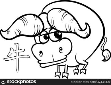 Black and White Cartoon Illustration of Ox Chinese Horoscope Zodiac Sign for Coloring Book