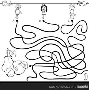 Black and White Cartoon Illustration of Paths or Maze Puzzle Activity Game with Children Characters and Fresh Fruits Coloring Book