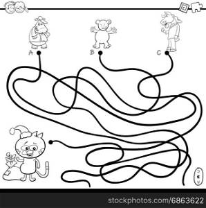 Black and White Cartoon Illustration of Paths or Maze Puzzle Activity Game with Animal Characters on Christmas Time Coloring Page