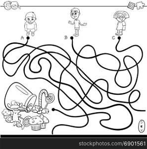Black and White Cartoon Illustration of Paths or Maze Puzzle Activity Game with Children Characters and Sweet Food Coloring Book