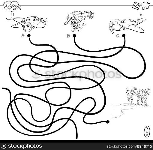 Black and White Cartoon Illustration of Paths or Maze Puzzle Activity Game with Aircraft Characters and Tropical Island Coloring Book