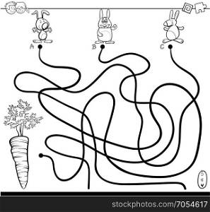 Black and White Cartoon Illustration of Paths or Maze Puzzle Activity Game with Rabbit Characters and Carrot Coloring Book
