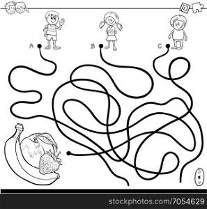 Black and White Cartoon Illustration of Paths or Maze Puzzle Activity Game with Children Characters and Juicy Fruits Coloring Book
