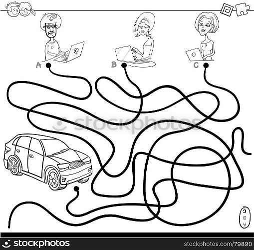 Black and White Cartoon Illustration of Paths or Maze Puzzle Activity Game with People with Laptops and Car Coloring Book
