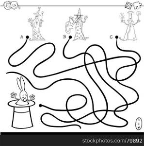 Black and White Cartoon Illustration of Paths or Maze Puzzle Activity Game with Wizard Characters and Rabbit in a Hat Coloring Book