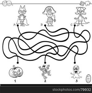 Black and White Cartoon Illustration of Paths or Maze Puzzle Activity Game with Children and Halloween Characters Coloring Book