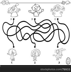 Black and White Cartoon Illustration of Paths or Maze Puzzle Activity Game with Children and Clowns Characters Coloring Book
