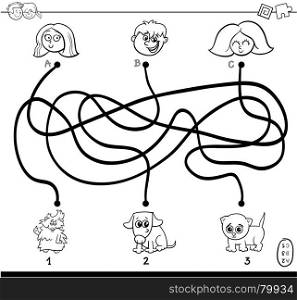 Black and White Cartoon Illustration of Paths or Maze Puzzle Activity Game with Children and Pet Characters Coloring Book