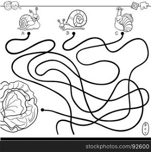 Black and White Cartoon Illustration of Paths or Maze Puzzle Activity Game with Snail Characters and Lettuce Coloring Book