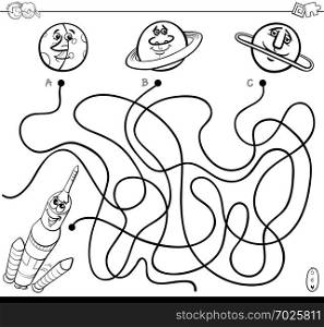 Black and White Cartoon Illustration of Paths or Maze Puzzle Game with Space Rocket and Planets Coloring Book