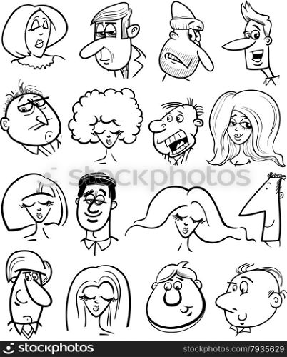 Black and White Cartoon Illustration of People Characters Faces Set