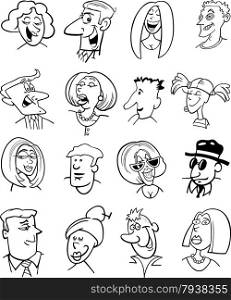 Black and White Cartoon Illustration of People Characters Faces Set