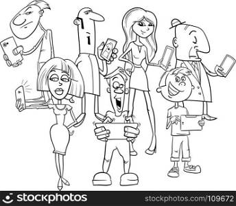 Black and White Cartoon Illustration of People Group with Smart Phones New Technology Electronic Devices