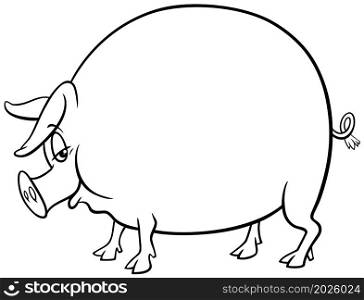 Black and white cartoon illustration of pig comic farm animal character coloring book page