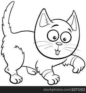 Black and white cartoon illustration of playful cat or kitten comic animal character coloring book page