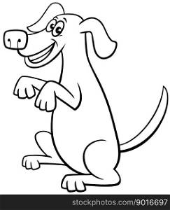 Black and white cartoon illustration of playful dog animal character doing a trick coloring page