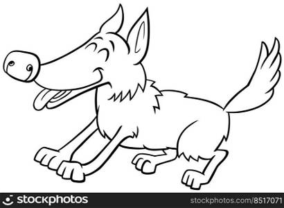 Black and white cartoon illustration of playful dog comic animal character coloring page