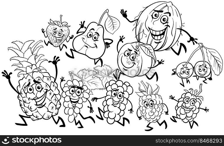 Black and white cartoon illustration of playful fruit comic characters group coloring page