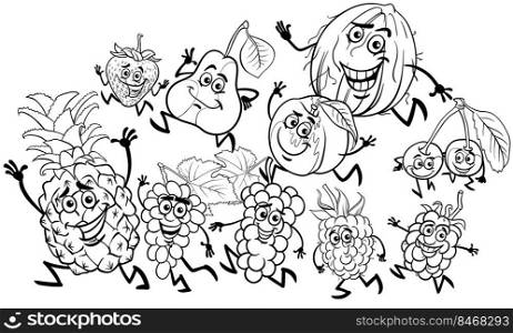 Black and white cartoon illustration of playful fruit comic characters group coloring page