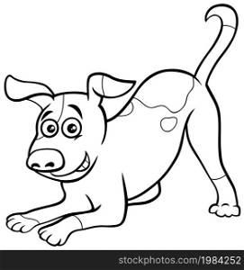 Black and white cartoon illustration of playful spotted dog comic animal character coloring book page