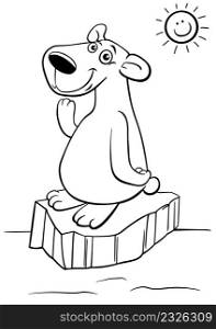 Black and white cartoon illustration of polar bear animal character in the arctic coloring book page