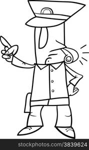 Black and White Cartoon Illustration of Policeman Blowing the Whistle for Coloring Book