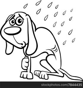 Black and White Cartoon Illustration of Poor Homeless Dog in the Rain for Coloring Book