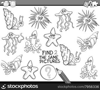 Black and White Cartoon Illustration of Preschool Educational Game for Children with Sea Life Animals for Coloring Book